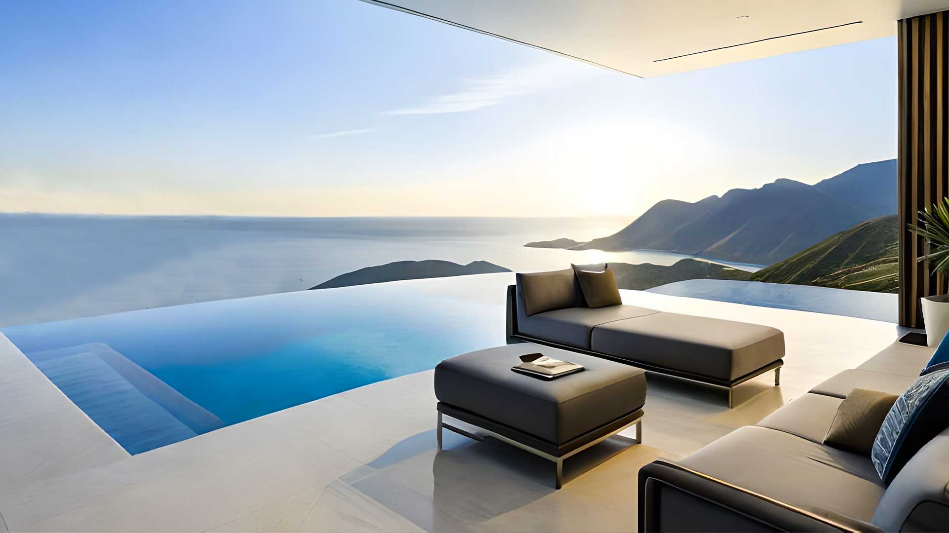 Modern outdoor lounge area with sleek furniture overlooking an infinity pool with a panoramic view of the sea and mountains in Meganisi.