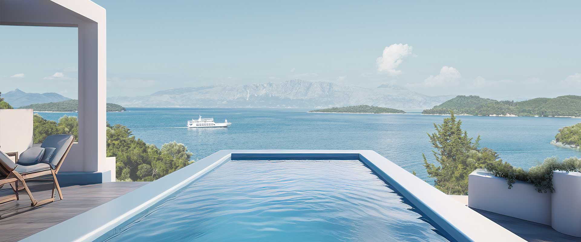 Inviting pool on a hill with an expansive view of the sparkling sea, showcasing the breathtaking beauty you can own with Rural Land for Sale in Lefkada.