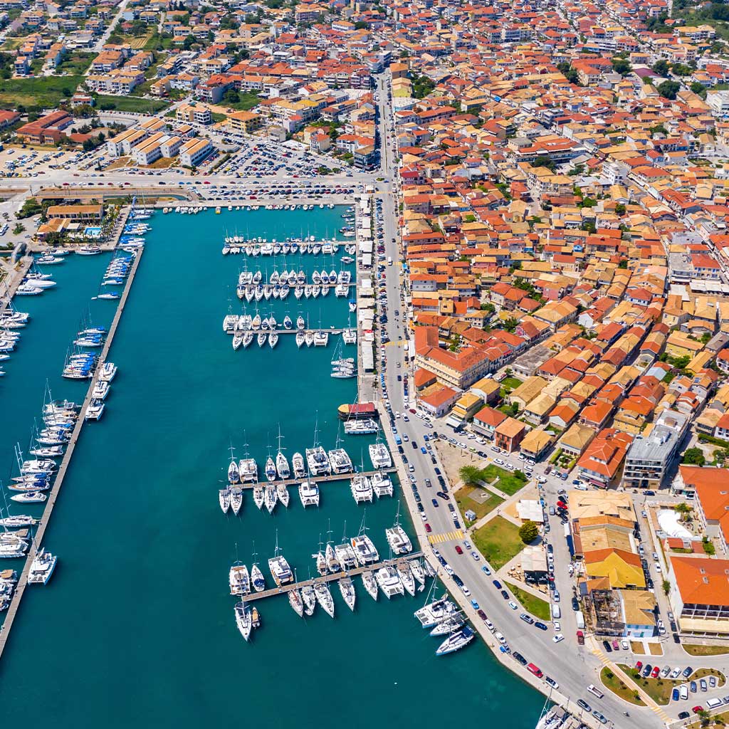 Aerial shot of Lefkada Town Marina, showcasing potential lefkada town real estate.