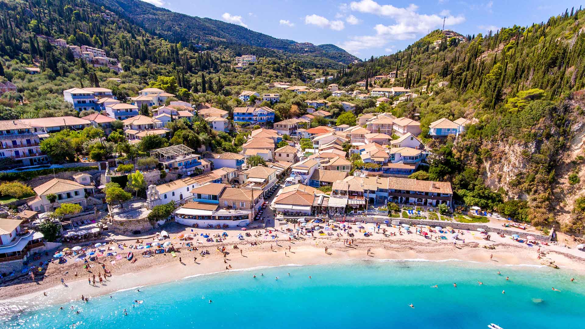 Aerial view of luxury properties in Lefkas, showcasing the island's upscale real estate market