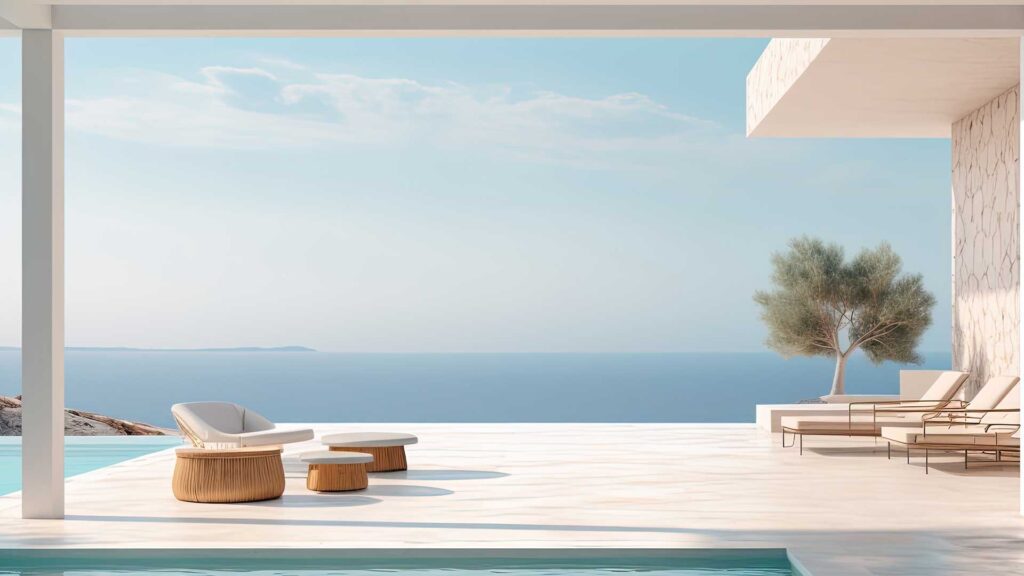Stunning view from a villa pool overlooking the beach, showcasing the potential of the land for sale in Athani Lefkada.