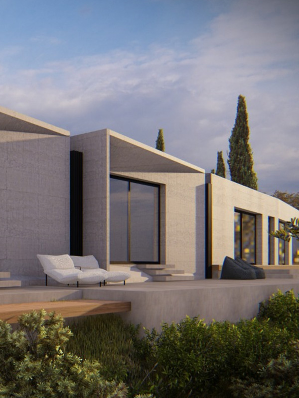 Architectural rendering of a smart, modern front façade, representing the potential of the land for sale in Athani Lefkada.