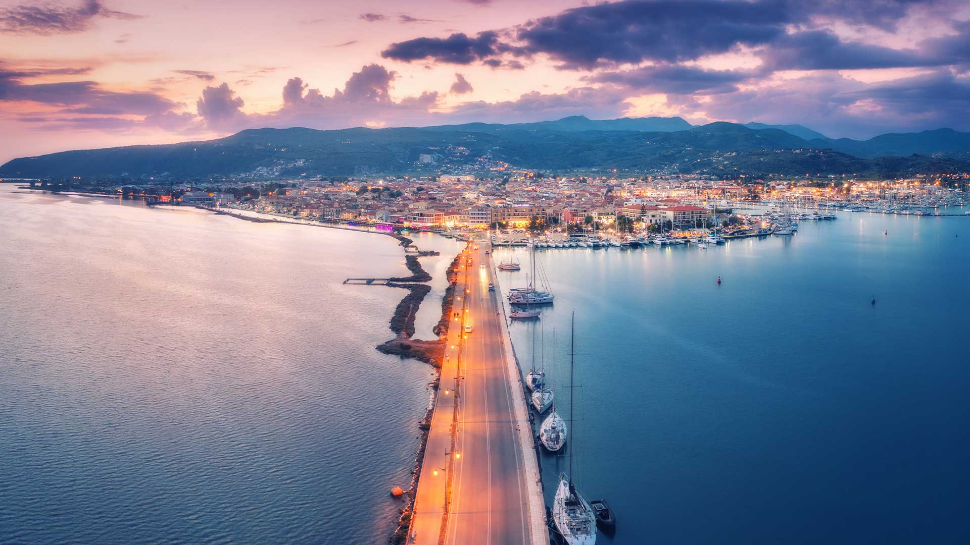 Aerial view of Lefkada Town, highlighting prime real estate locations.